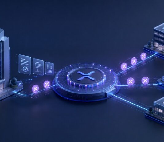 Illustration eines institutionellen Kreditnetzwerks auf dem XRP Ledger: Ein zentrales XRP-Symbol verbindet ein großes Unternehmensgebäude mit mehreren kleineren Firmenstandorten, während leuchtende Token und digitale Vertragsdokumente den Fluss von RLUSD-Krediten darstellen.