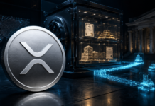 XRP-Coin vor einem digitalen Tresor mit tokenisierten Vermögenswerten auf dem XRP Ledger