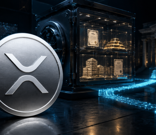 XRP-Coin vor einem digitalen Tresor mit tokenisierten Vermögenswerten auf dem XRP Ledger