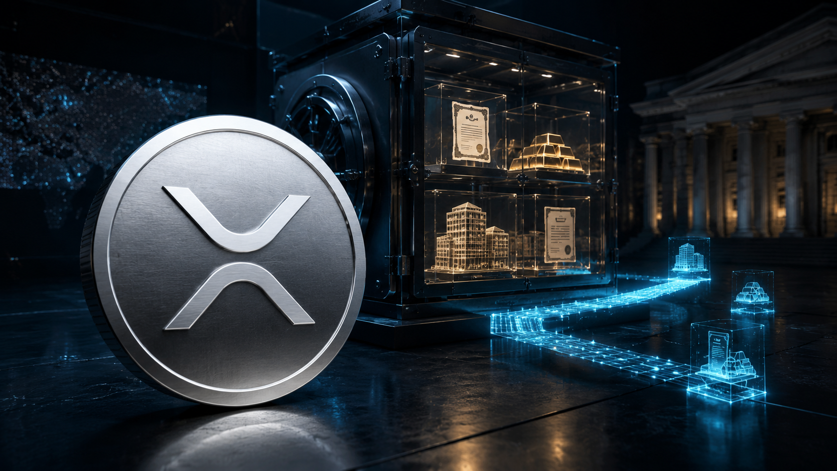 XRP-Coin vor einem digitalen Tresor mit tokenisierten Vermögenswerten auf dem XRP Ledger