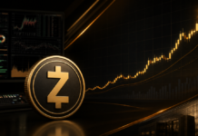 Zcash-Münze vor stark ansteigendem Kurschart in dunkler Bloomberg-ähnlicher Finanzmarkt-Optik