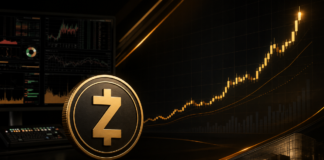 Zcash-Münze vor stark ansteigendem Kurschart in dunkler Bloomberg-ähnlicher Finanzmarkt-Optik
