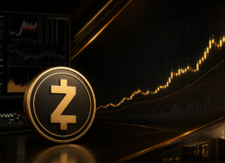 Zcash-Münze vor stark ansteigendem Kurschart in dunkler Bloomberg-ähnlicher Finanzmarkt-Optik