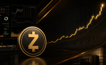 Zcash-Münze vor stark ansteigendem Kurschart in dunkler Bloomberg-ähnlicher Finanzmarkt-Optik