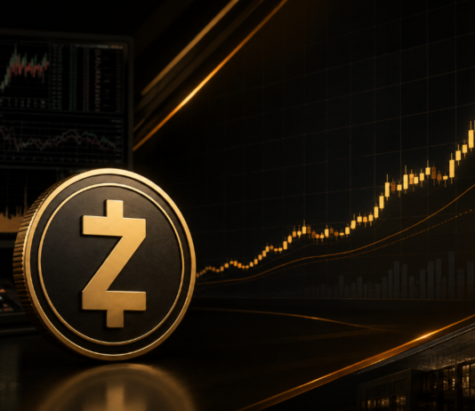 Zcash-Münze vor stark ansteigendem Kurschart in dunkler Bloomberg-ähnlicher Finanzmarkt-Optik