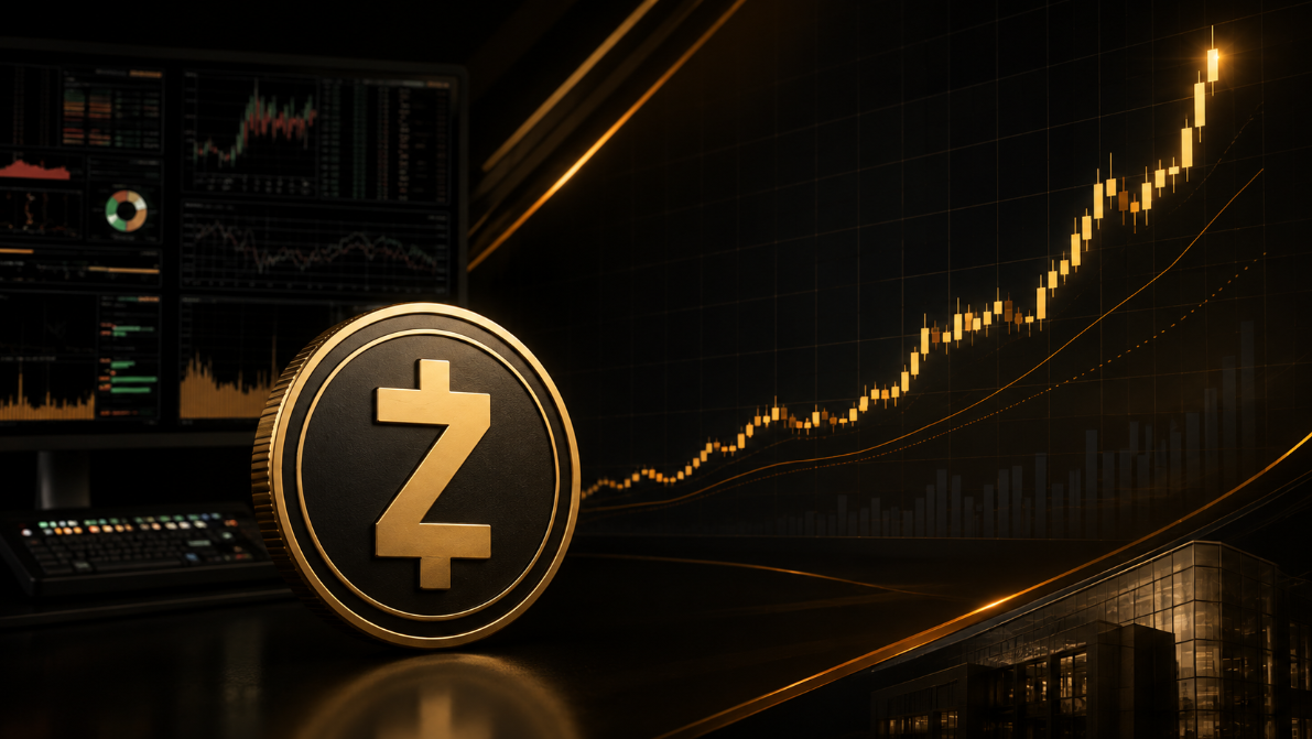 Zcash-Münze vor stark ansteigendem Kurschart in dunkler Bloomberg-ähnlicher Finanzmarkt-Optik