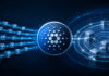 Cardano-Logo zwischen digitalen Transaktionsblöcken und Validierungsringen