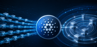 Cardano-Logo zwischen digitalen Transaktionsblöcken und Validierungsringen