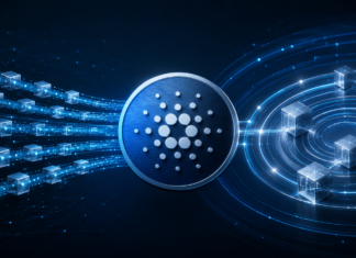 Cardano-Logo zwischen digitalen Transaktionsblöcken und Validierungsringen