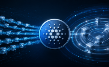Cardano-Logo zwischen digitalen Transaktionsblöcken und Validierungsringen