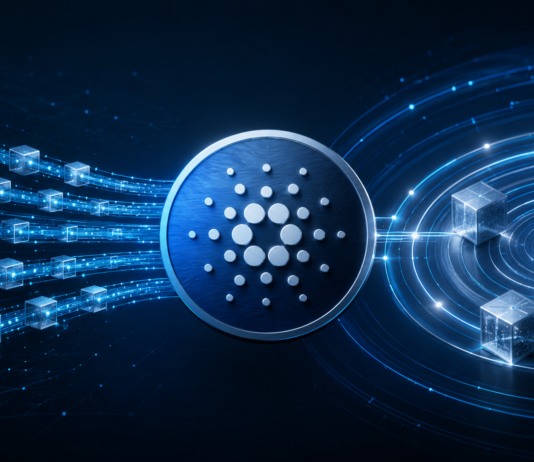 Cardano-Logo zwischen digitalen Transaktionsblöcken und Validierungsringen