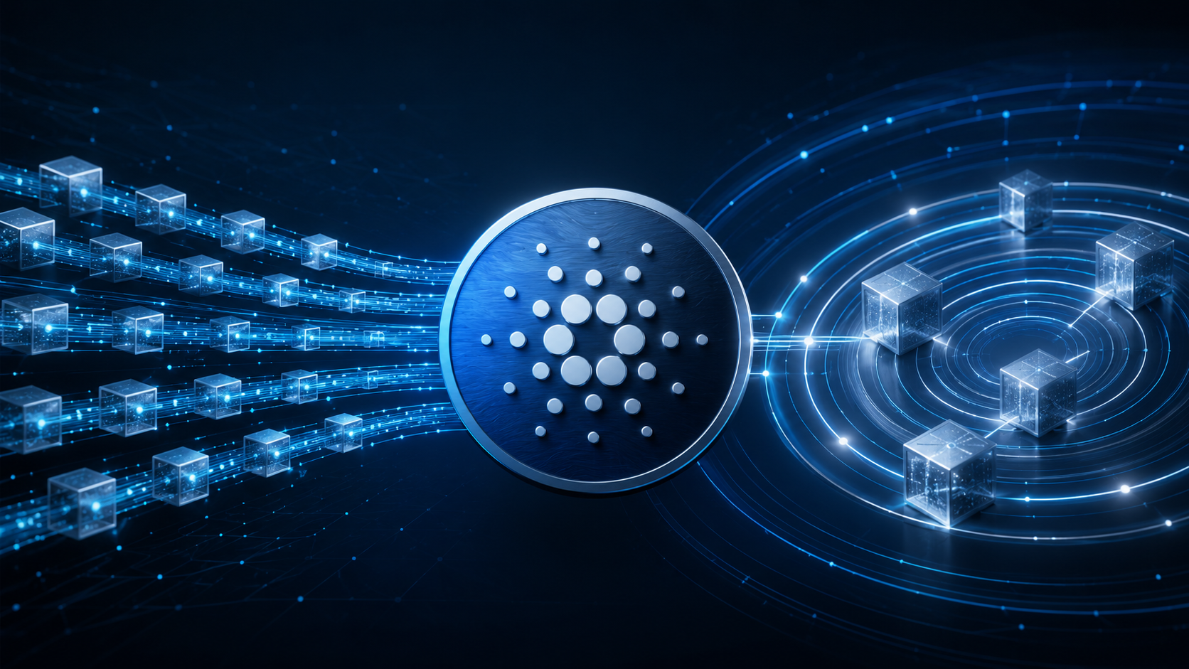 Cardano-Logo zwischen digitalen Transaktionsblöcken und Validierungsringen