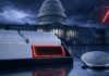 Clarity Act fehlt auf der Senatsagenda: Jetzt läuft die Zeit davon US-Kapitol mit leerem Aktenfach, Krypto-Token und Uhr als Symbol für den Zeitdruck beim Clarity Act