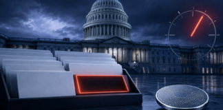Clarity Act fehlt auf der Senatsagenda: Jetzt läuft die Zeit davon US-Kapitol mit leerem Aktenfach, Krypto-Token und Uhr als Symbol für den Zeitdruck beim Clarity Act
