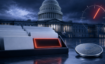 Clarity Act fehlt auf der Senatsagenda: Jetzt läuft die Zeit davon US-Kapitol mit leerem Aktenfach, Krypto-Token und Uhr als Symbol für den Zeitdruck beim Clarity Act