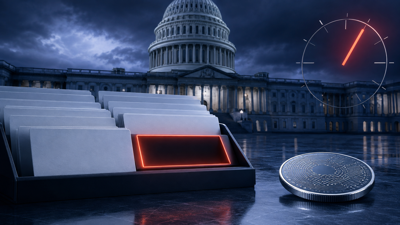 US-Kapitol mit leerem Aktenfach, Krypto-Token und Uhr als Symbol für den Zeitdruck beim Clarity Act