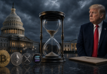 Keine Antwort von Trump: Clarity Act am Rand des Scheiterns Sanduhr zwischen US-Kapitol und Weißem Haus mit Bitcoin- und Krypto-Coins im Vordergrund