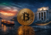 Bitcoin-Münze zwischen einem Öltanker in der Straße von Hormus und der US-Notenbank als Symbol für Iran-Risiken und US-Inflation.