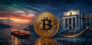 Makrodaten, Märkte, Bitcoin: Das wird diese Woche für Krypto wichtig Bitcoin-Münze zwischen einem Öltanker in der Straße von Hormus und der US-Notenbank als Symbol für Iran-Risiken und US-Inflation.