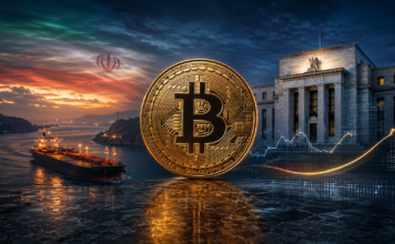 Bitcoin-Münze zwischen einem Öltanker in der Straße von Hormus und der US-Notenbank als Symbol für Iran-Risiken und US-Inflation.