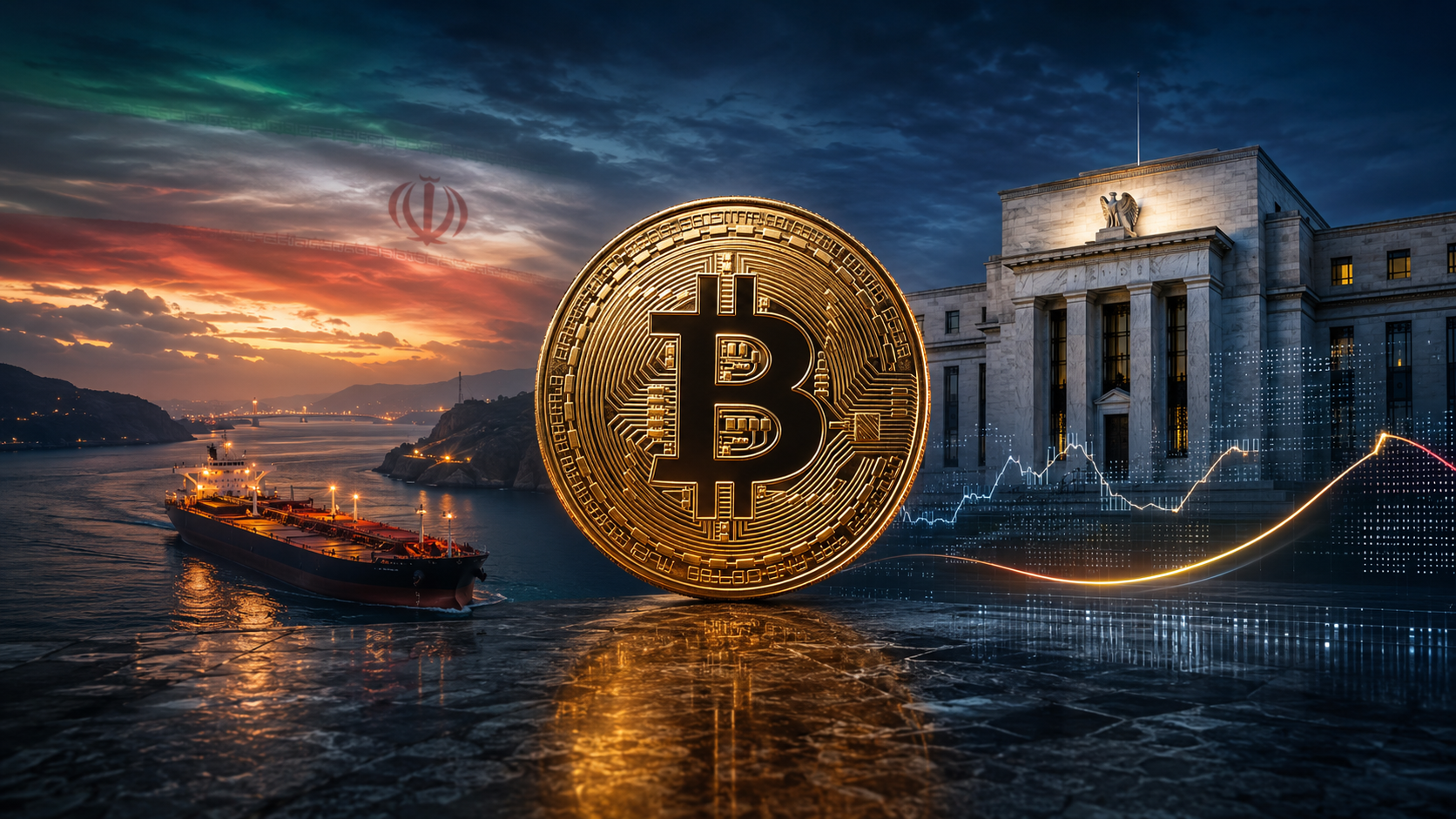 Bitcoin-Münze zwischen einem Öltanker in der Straße von Hormus und der US-Notenbank als Symbol für Iran-Risiken und US-Inflation.