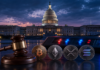 US-Kapitol mit Richterhammer sowie Bitcoin-, Ethereum-, XRP- und Solana-Coins als Symbol für die Clarity-Act-Abstimmung