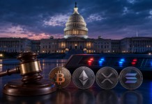 US-Kapitol mit Richterhammer sowie Bitcoin-, Ethereum-, XRP- und Solana-Coins als Symbol für die Clarity-Act-Abstimmung