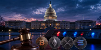 Clarity Act Update: US-Senat stimmt am 15. September ab US-Kapitol mit Richterhammer sowie Bitcoin-, Ethereum-, XRP- und Solana-Coins als Symbol für die Clarity-Act-Abstimmung