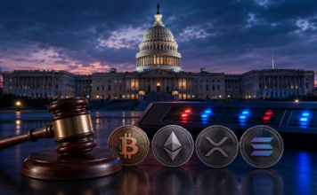 Clarity Act Update: US-Senat stimmt am 15. September ab US-Kapitol mit Richterhammer sowie Bitcoin-, Ethereum-, XRP- und Solana-Coins als Symbol für die Clarity-Act-Abstimmung