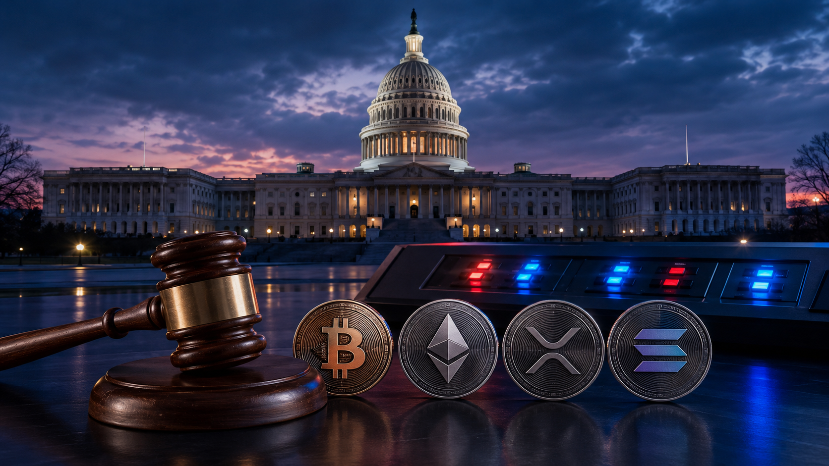 US-Kapitol mit Richterhammer sowie Bitcoin-, Ethereum-, XRP- und Solana-Coins als Symbol für die Clarity-Act-Abstimmung