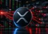 XRP-Logo vor digitalen Wallets und roten Transaktionslinien nach dem Bitget-Hack
