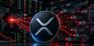 XRP-Logo vor digitalen Wallets und roten Transaktionslinien nach dem Bitget-Hack