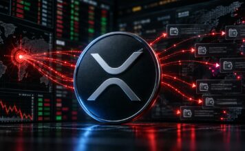XRP-Logo vor digitalen Wallets und roten Transaktionslinien nach dem Bitget-Hack