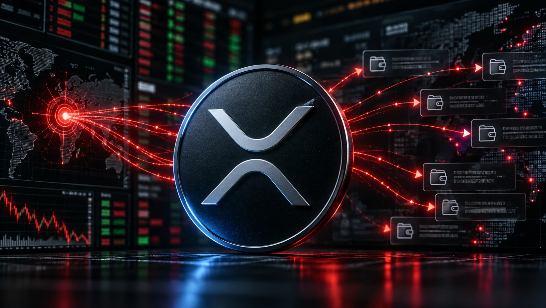 XRP-Logo vor digitalen Wallets und roten Transaktionslinien nach dem Bitget-Hack