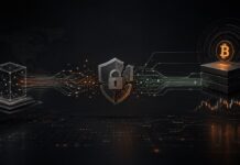 Cyberangriff auf externen Dienstleister mit Datenleck bei 21bitcoin, dargestellt mit Bitcoin-Symbol, digitalem Netzwerk und beschädigtem Sicherheitsschild.