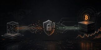ACHTUNG: Cyberangriff auf Canny legt Daten von 21bitcoin-Nutzern offen Cyberangriff auf externen Dienstleister mit Datenleck bei 21bitcoin, dargestellt mit Bitcoin-Symbol, digitalem Netzwerk und beschädigtem Sicherheitsschild.
