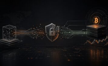 ACHTUNG: Cyberangriff auf Canny legt Daten von 21bitcoin-Nutzern offen Cyberangriff auf externen Dienstleister mit Datenleck bei 21bitcoin, dargestellt mit Bitcoin-Symbol, digitalem Netzwerk und beschädigtem Sicherheitsschild.