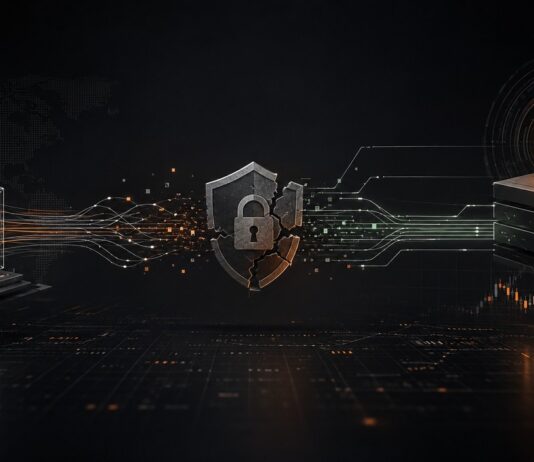 Cyberangriff auf externen Dienstleister mit Datenleck bei 21bitcoin, dargestellt mit Bitcoin-Symbol, digitalem Netzwerk und beschädigtem Sicherheitsschild.