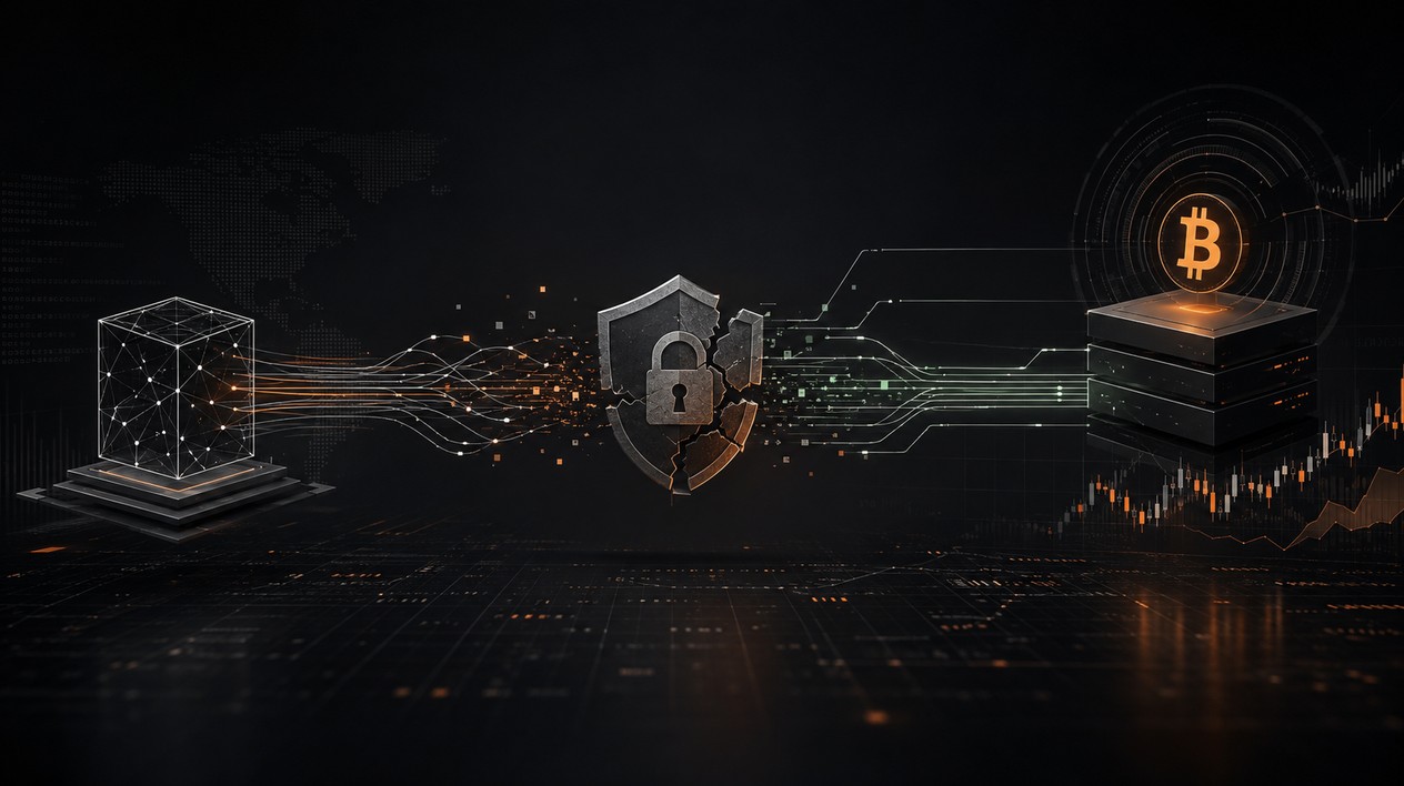 Cyberangriff auf externen Dienstleister mit Datenleck bei 21bitcoin, dargestellt mit Bitcoin-Symbol, digitalem Netzwerk und beschädigtem Sicherheitsschild.