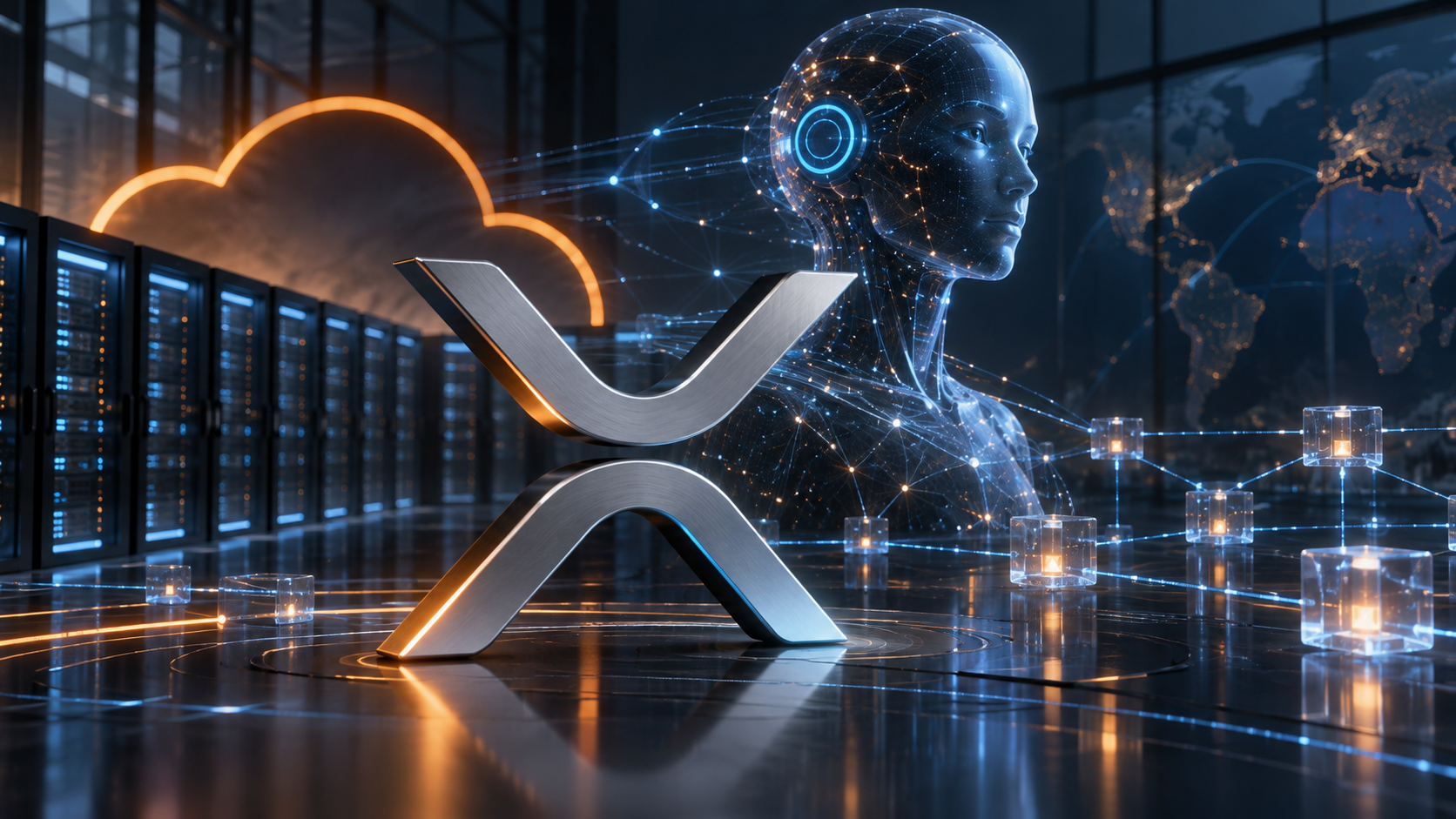 AWS-Cloud-Infrastruktur und autonomer KI-Agent vor dem XRP-Ledger-Symbol