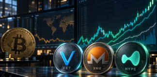 VeChain, Monero und Hyperliquid vor einem steigenden Kurschart, während Bitcoin im Hintergrund steht