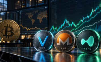 VeChain, Monero und Hyperliquid vor einem steigenden Kurschart, während Bitcoin im Hintergrund steht