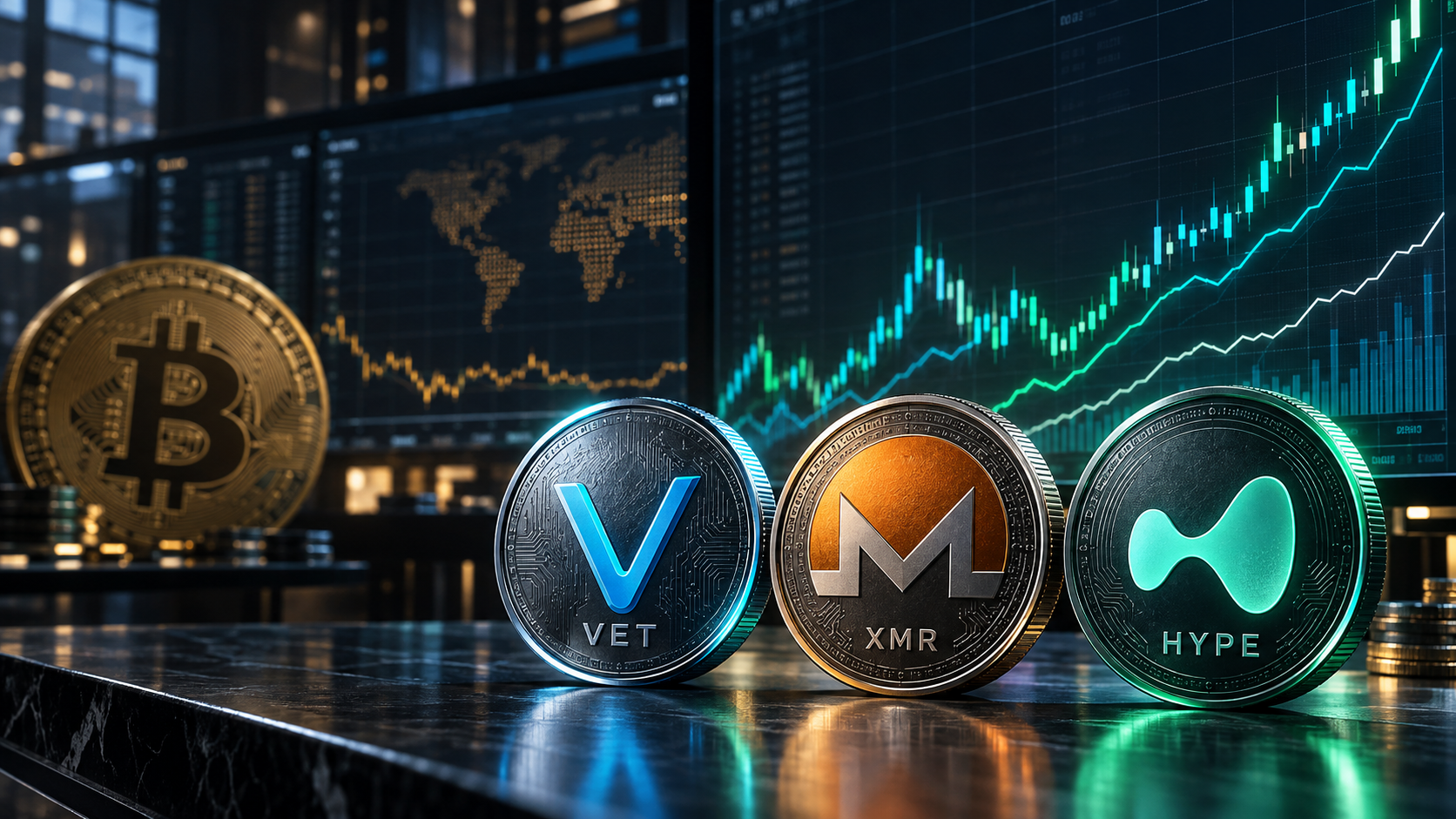 VeChain, Monero und Hyperliquid vor einem steigenden Kurschart, während Bitcoin im Hintergrund steht