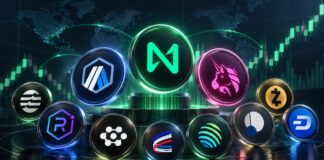 Altcoin-Rally mit den Logos von NEAR, Arbitrum, Uniswap, Raydium, Aptos, FET, Aerodrome, Jupiter, Pendle, Zcash und Dash vor steigenden Kurscharts.