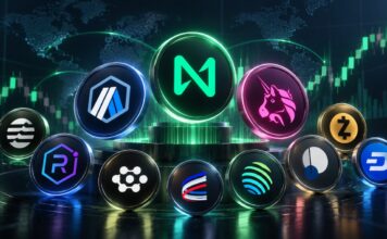 Altcoin-Rally mit den Logos von NEAR, Arbitrum, Uniswap, Raydium, Aptos, FET, Aerodrome, Jupiter, Pendle, Zcash und Dash vor steigenden Kurscharts.