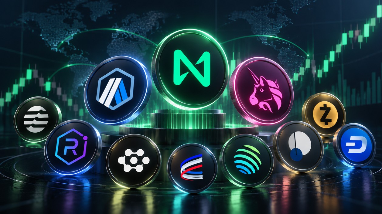 Altcoin-Rally mit den Logos von NEAR, Arbitrum, Uniswap, Raydium, Aptos, FET, Aerodrome, Jupiter, Pendle, Zcash und Dash vor steigenden Kurscharts.