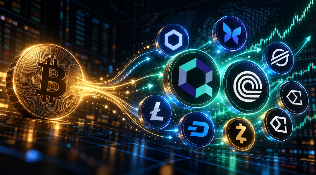 Kapitalrotation von Bitcoin in Altcoins mit Quant, Ondo, Chainlink, Morpho, Stellar, Ethena, Litecoin, Dash, Zcash und Canton vor steigenden Kurscharts