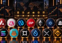 Diese Ereignisse werden für Altcoins diese Woche wichtig Altcoin-Logos von Avalanche, Uniswap, Injective, Optimism, Ethereum, Cardano, Balancer, Solana, PancakeSwap, Frax, Sui, XRP, BNB, Hyperliquid und Zcash vor Trading-Charts und Event-Kalender