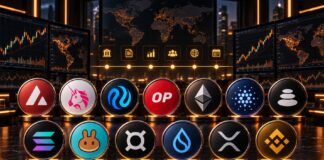 Altcoin-Logos von Avalanche, Uniswap, Injective, Optimism, Ethereum, Cardano, Balancer, Solana, PancakeSwap, Frax, Sui, XRP, BNB, Hyperliquid und Zcash vor Trading-Charts und Event-Kalender