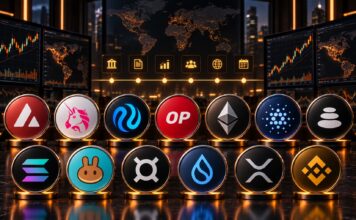 Altcoin-Logos von Avalanche, Uniswap, Injective, Optimism, Ethereum, Cardano, Balancer, Solana, PancakeSwap, Frax, Sui, XRP, BNB, Hyperliquid und Zcash vor Trading-Charts und Event-Kalender